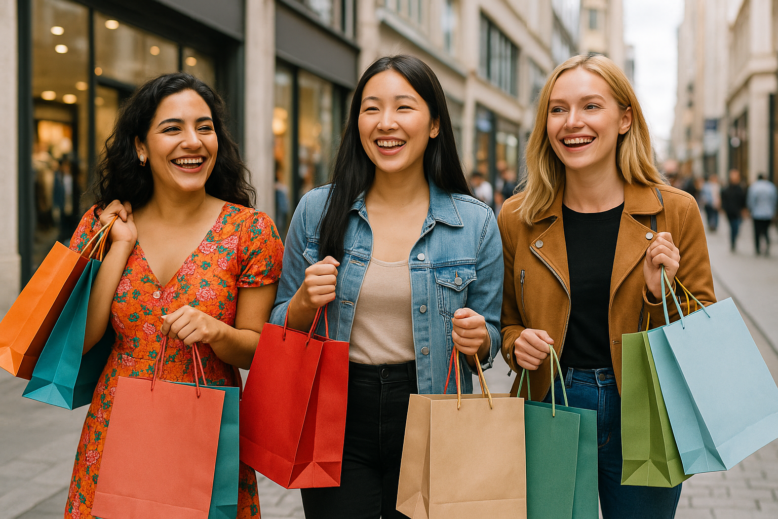 genera 3 amigas de distas nacionalidades con bolsas de compras